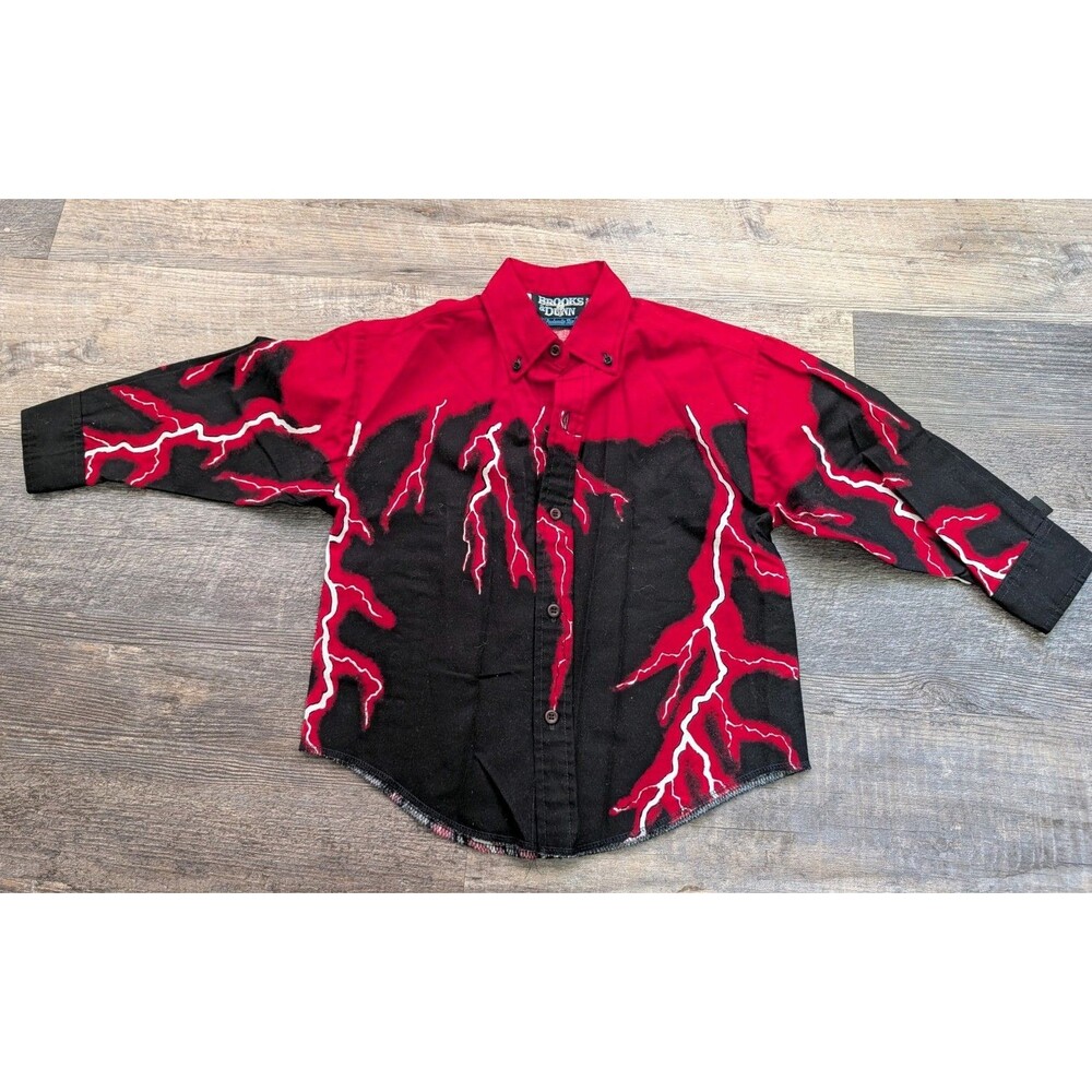 Vintage Brooks & Dunn Kids Shirt Small Panhandle Slim Red Black Lightning USA